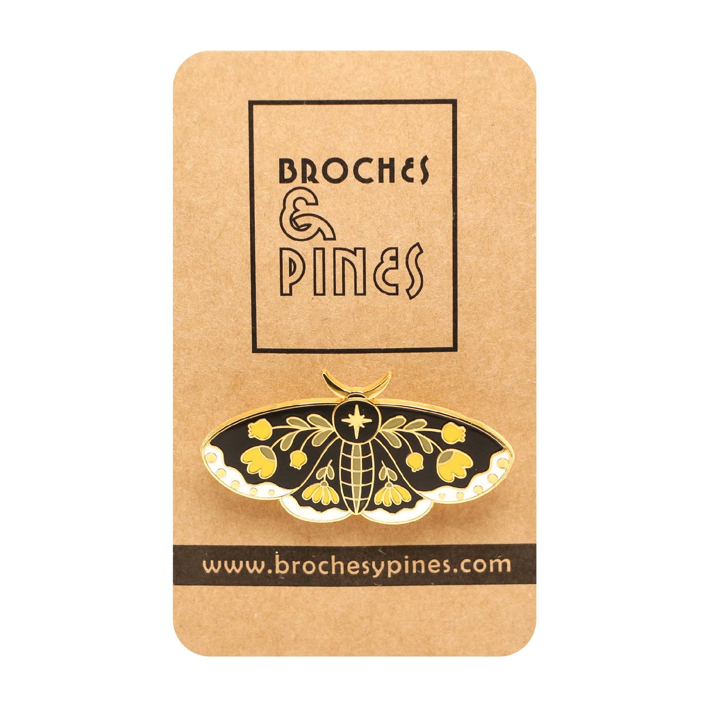 Broche Mariposa Negro con Flores Amarillas - Detalles en Blanco y Dorado - Insectos
