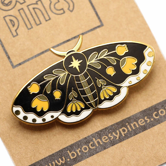 Broche Mariposa Negro con Flores Amarillas - Detalles en Blanco y Dorado - Insectos